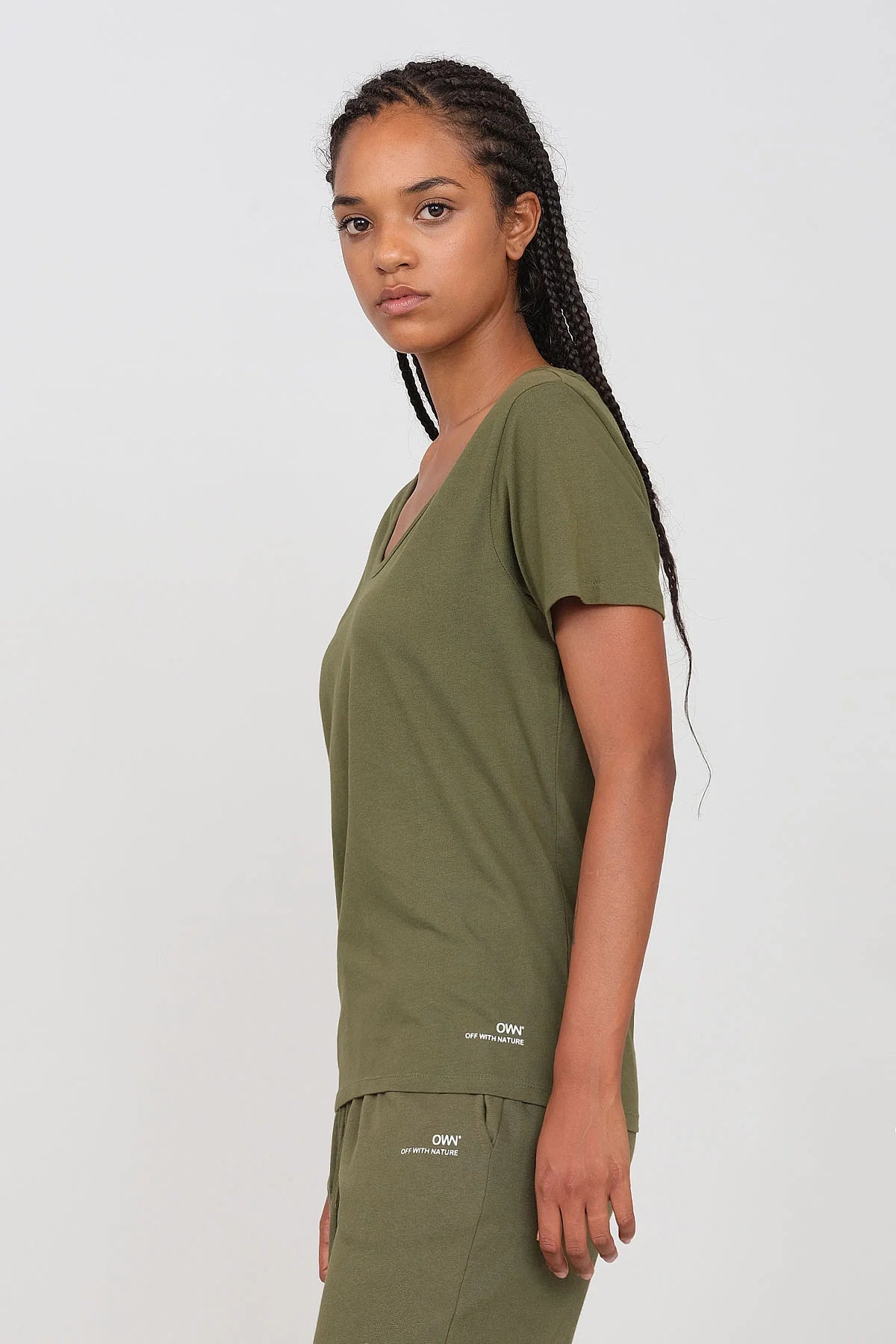 Deep Neck Jersey T-Shirt Military Green Print Jacquard Patchwork