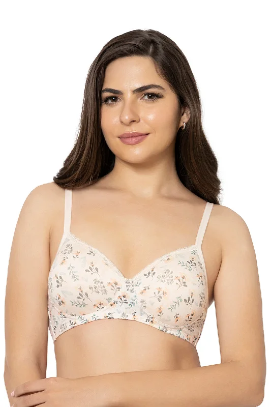 Cotton Casuals Padded Non-Wired Printed T-Shirt Bra - Cotton Bloom Print Hooded Caped Shawl Collar