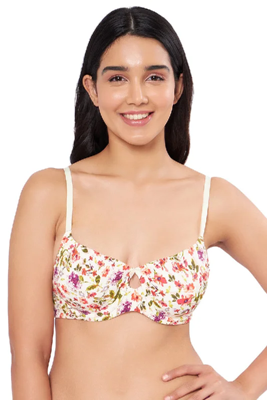 Elegant Dream Padded Wired T-shirt Bra - Watercolour Ditsy Floral Print Notch Collar Peter Pan Collar Cowl Neck