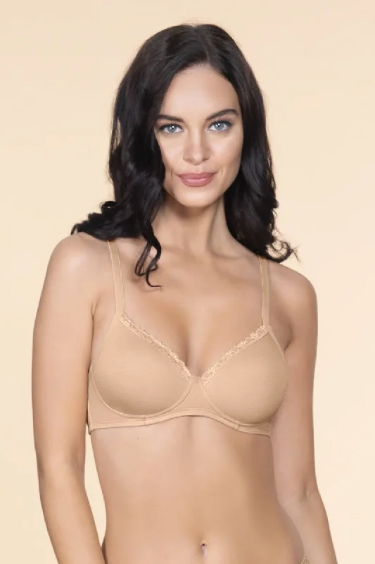 Cotton Casuals Padded Non-Wired Lace T-Shirt Bra - Nude Silk Blend Satin Velvet