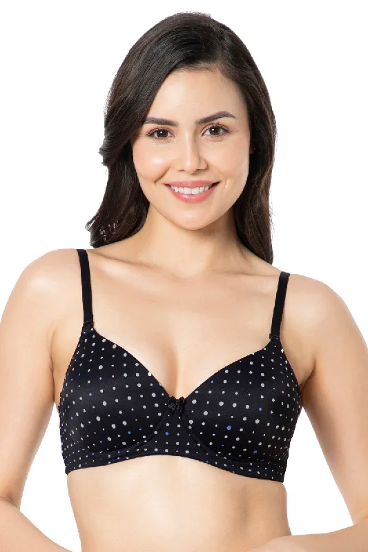 Smooth Charm Padded Non-Wired T-Shirt Bra - Black Dot Print Anti-Shrink Durable Soft