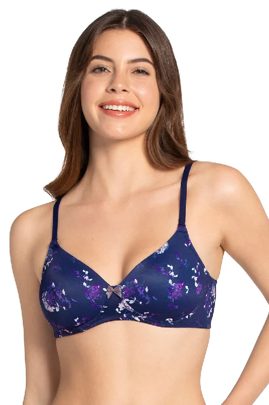 Smooth Charm Padded Non-Wired T-shirt Bra - Hydrangea Floral Print Mesh Blend Leather Blend Suede Blend