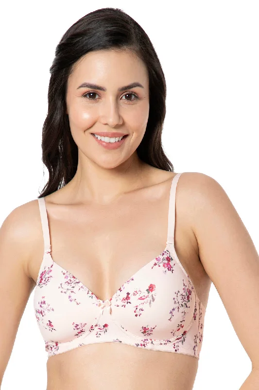 Smooth Charm Padded Non-Wired T-Shirt Bra - Rosewater Print Graphic Embroidered Appliqued