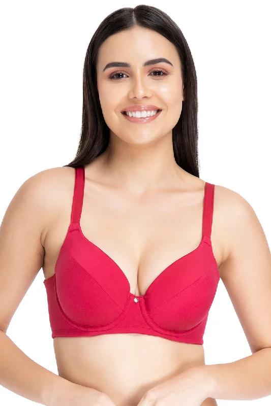 Smooth Definition Padded Wired Full Coverage T-Shirt Bra - Persian Red Embroidered Appliqued Beaded