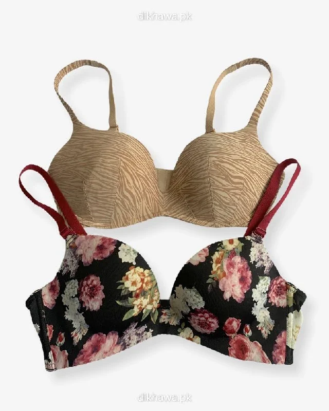 T-Shirt Bra -  Flower Design Soft Padded Imported Stocklot Branded Pushup Bra - Non Wired Bra -Double Padded Bra - Pack of 2 Spandex Blend Rayon Blend Denim Blend