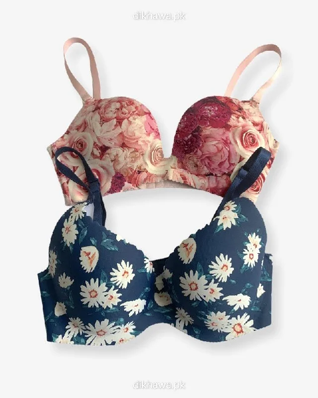 T-Shirt Bra -  Flower Design Soft Padded Imported Stocklot Branded Pushup Bra - Non Wired Bra -Double Padded Bra - Pack of 2 Mesh Blend Leather Blend Suede Blend