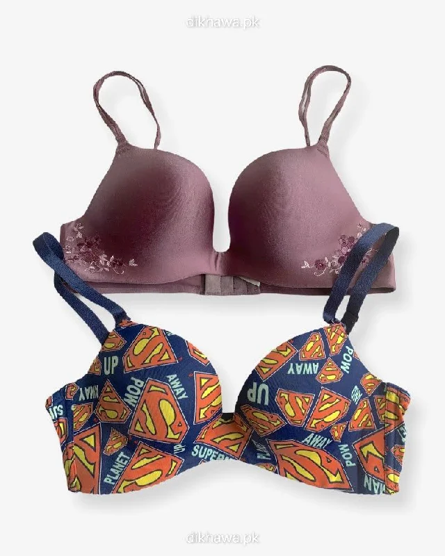 T-Shirt Bra - Soft Padded Imported Stocklot Branded Pushup Bra - Non Wired Bra -Double Padded Bra - Pack of 2 Layered Multi-layer Single Layer