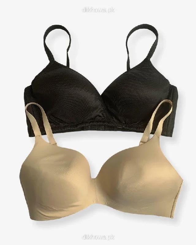 T-Shirt Bra - Soft Padded Imported Stocklot Branded Pushup Bra - Non Wired Bra -Single Padded Bra - Pack of 2 Welt Pockets Slit Pockets