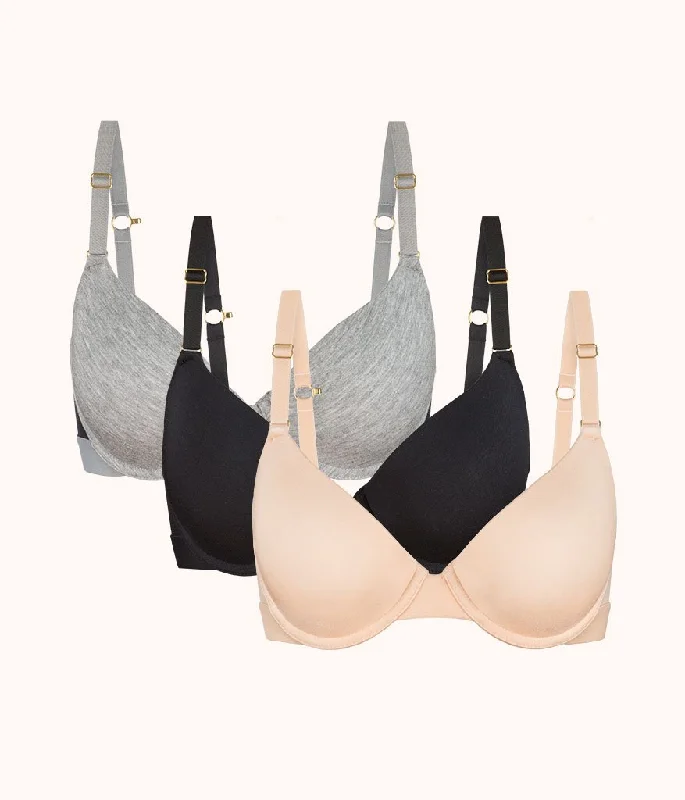 The All-Day T-Shirt Bra Trio: Heather Gray/Jet Black/Toasted Almond Sequined Glittery Shiny