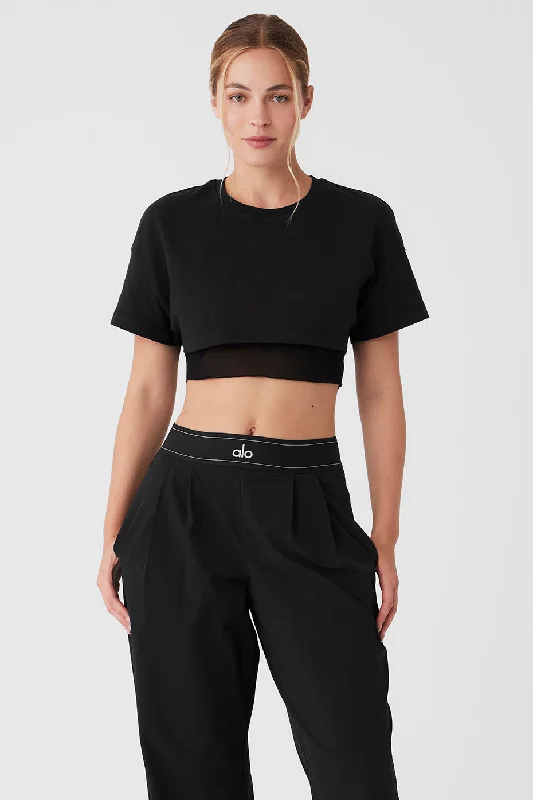 Made You Look Cropped Short Sleeve Tee - Black Mesh Blend Leather Blend Suede Blend