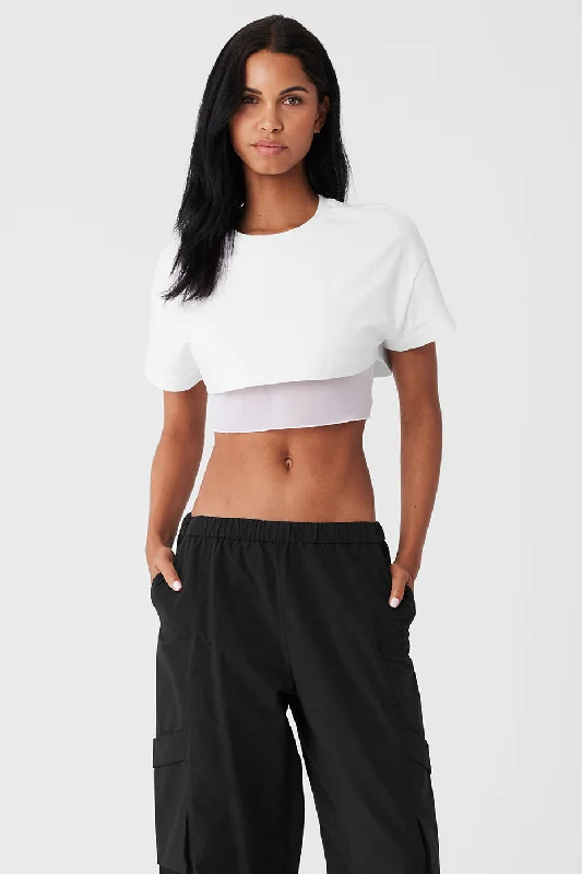 Made You Look Cropped Short Sleeve Tee - White Notch Collar Peter Pan Collar Cowl Neck