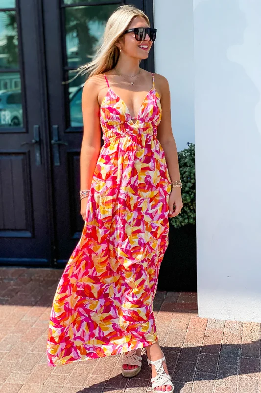 Summertime Fun Back Tie Maxi Dress - Pink Multi Comfortable Bohemian Maxi Dress