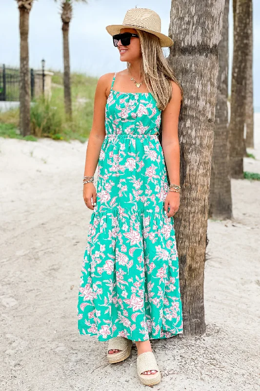 Z Supply: Dewi Pacific Floral Maxi Dress - Bermuda Green Chic Boho Print Maxi Dress