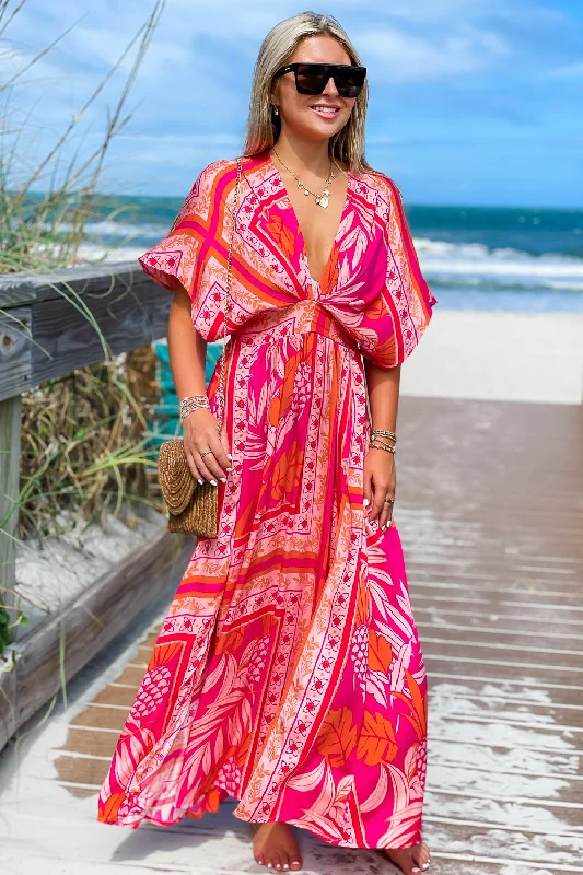 Dreaming of Paradise Tropical Print Empire Waist Maxi Dress - Orange/Fuchsia Elegant Sleeveless Maxi Dress Dreaming of Paradise Tropical Print Empire Waist Maxi Dress - Orange/Fuchsia Elegant Sleeveless Maxi Dress
