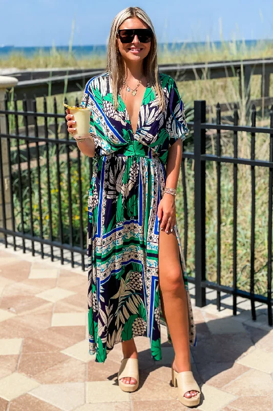 Dreaming of Paradise Tropical Print Empire Waist Maxi Dress- Navy/Green Stylish Boho Maxi Dress Dreaming of Paradise Tropical Print Empire Waist Maxi Dress- Navy/Green Stylish Boho Maxi Dress