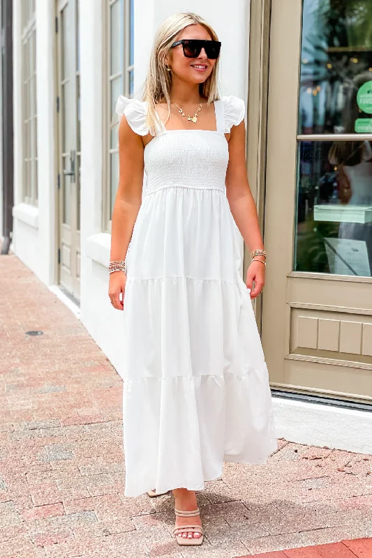Flawless Finishes Smocked Maxi Dress - Cream Fashionable Chiffon Maxi Dress