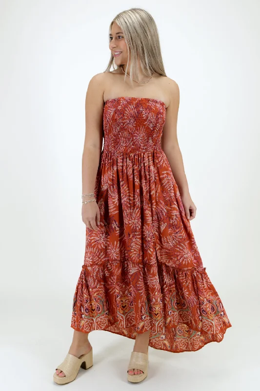 New Feelings Smocked Maxi Dress - Terra Cotta Cozy Ruffle Sleeve Maxi Dress