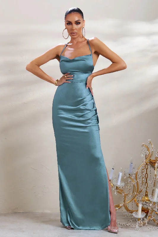 A-List | Blue Satin Cowl Maxi Dress With Thigh Split Comfortable Ruffle Maxi Dress