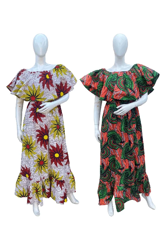 African Printed Fit and Flare Maxi Dress (Pack Of 2 Pieces) Fashionable Open-Back Maxi Dress