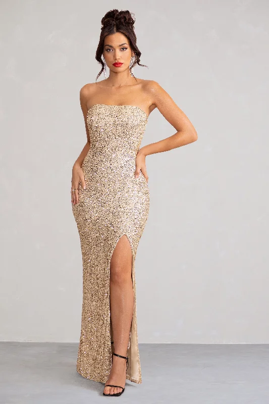 Almira | Champagne Sequin Bandeau Maxi Dress With Split Hem Fashionable Chiffon Maxi Dress