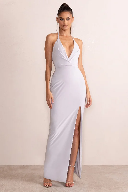 Amira | Silver Plunge Neck Cowl Back Maxi Dress With Diamante Trim Comfortable Maxi Dress with Slits Amira | Silver Plunge Neck Cowl Back Maxi Dress With Diamante Trim Comfortable Maxi Dress with Slits