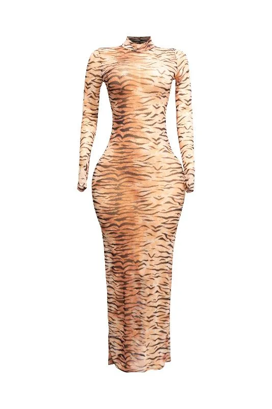 Animal Print Long Sleeve Maxi Dress W Thumbholes Trendy Button Front Maxi Dress