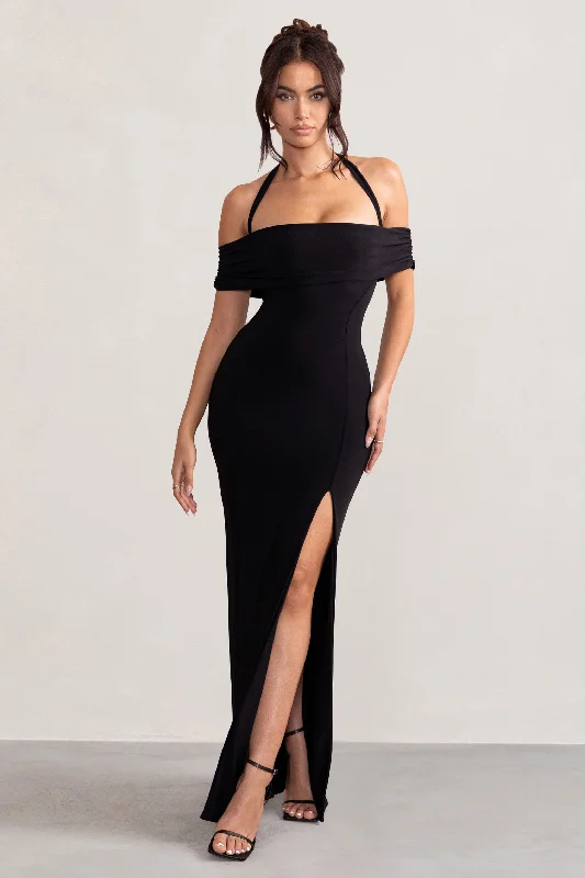 Anisa | Black Halter Neck Bardot Maxi Dress With Thigh Split Comfortable Maxi Dress with Slits Anisa | Black Halter Neck Bardot Maxi Dress With Thigh Split Comfortable Maxi Dress with Slits