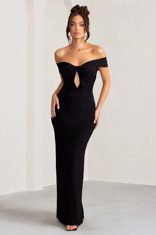 Arella | Black One Shoulder Twist Front Maxi Dress Fashionable Button-Down Maxi Dress