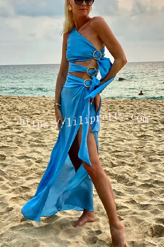 As Beautiful As The Sky Side Waist Ring Hollow Design Slit Vacation Maxi Dress Elegant Wraparound Maxi Dress