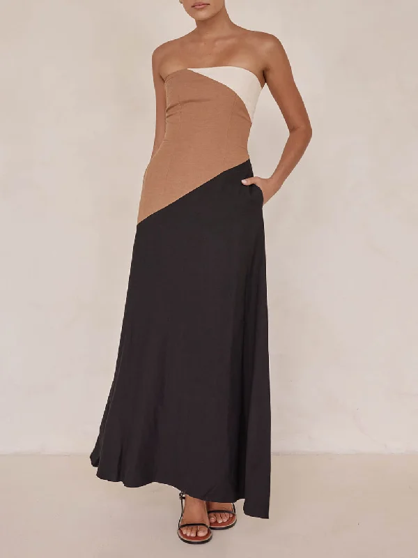 Asymmetrical Color-Blocked Stylish Maxi Dress Comfortable Maxi Dress with Belt