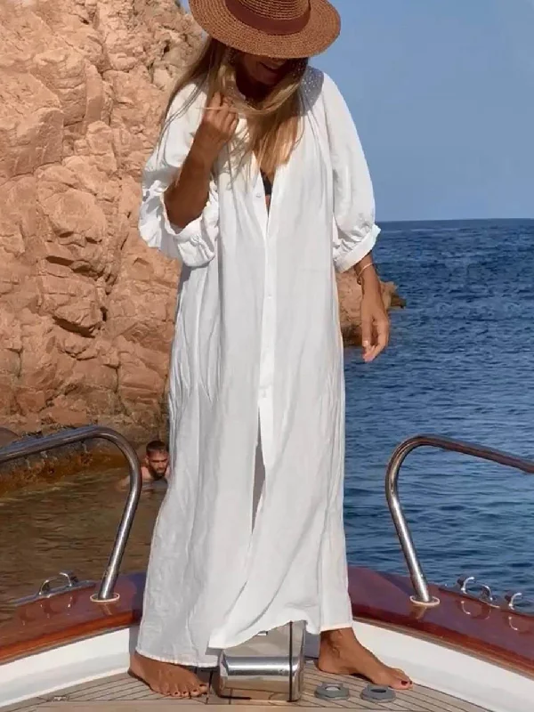 Balloon Sleeve Button Pocketed Graceful Loose Shirt Maxi Dress Comfortable Fit-and-Flare Maxi Dress Balloon Sleeve Button Pocketed Graceful Loose Shirt Maxi Dress Comfortable Fit-and-Flare Maxi Dress