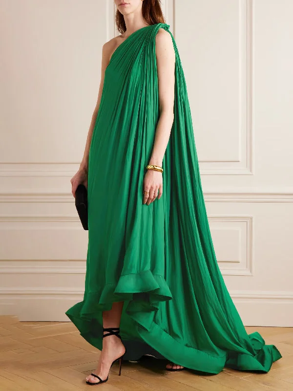 Zjkrl - Sleeveless Loose Pleated Falbala Solid Color One-Shoulder Maxi Dresses Fashionable Sleeveless Maxi Dress Zjkrl - Sleeveless Loose Pleated Falbala Solid Color One-Shoulder Maxi Dresses Fashionable Sleeveless Maxi Dress