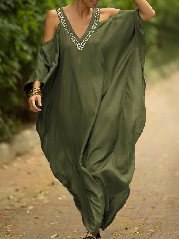 Zjkrl - Batwing Sleeves Loose Solid Color Cold Shoulder Maxi Dresses Cozy Maxi Dress with Slit Zjkrl - Batwing Sleeves Loose Solid Color Cold Shoulder Maxi Dresses Cozy Maxi Dress with Slit