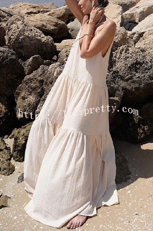 Beach Day Linen Blend Back Tie-up A-line Layered Maxi Dress Comfortable Long-Sleeve Maxi Dress
