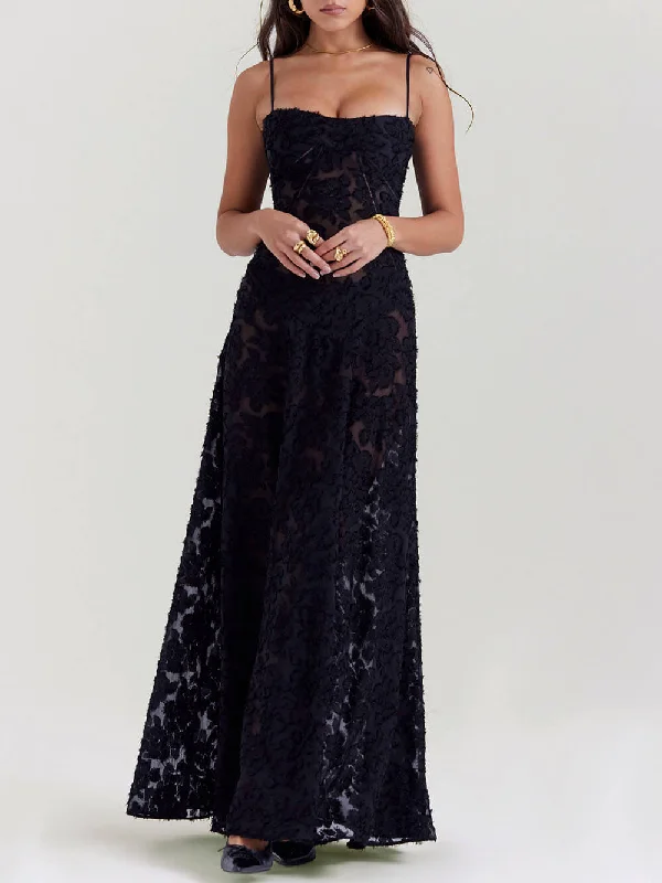 Black Floral Lace Charming Back Maxi Dress Cozy Knitted Maxi Dress