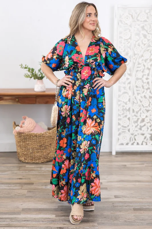 Black Floral Print V-Neck Maxi Dress Stylish Boho Maxi Dress