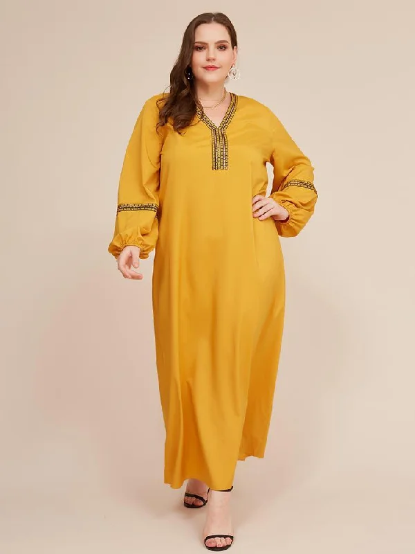 Embroidery V-neck Lantern Sleeve Loose Maxi Dress Stylish Boho Chic Maxi Dress