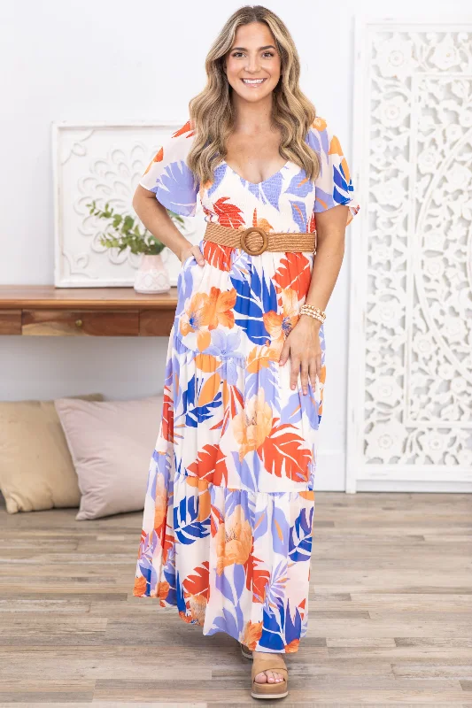 Blue and Orange Palm Tree Print Maxi Dress Chic Boho Print Maxi Dress