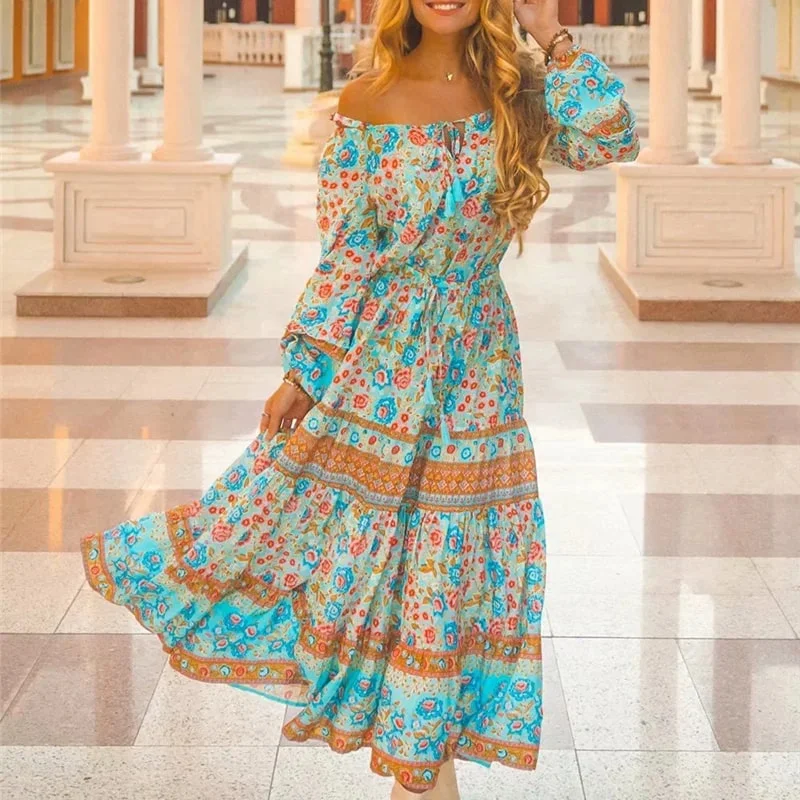 Blue Floral Off Shoulder Boho Maxi Dress Trendy Floral Print Maxi Dress