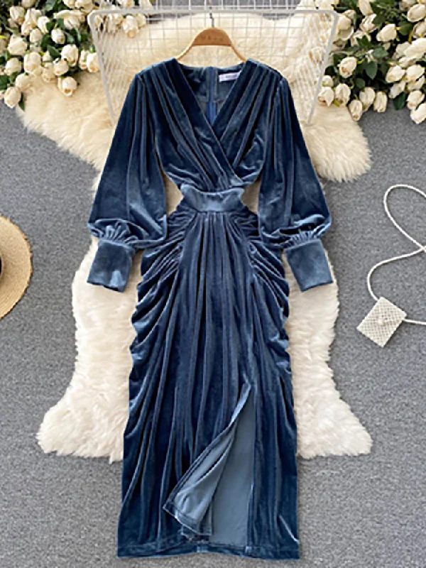 Blue V-Neck Lantern Sleeve High Waist Maxi Dress Classic Tulle Maxi Dress