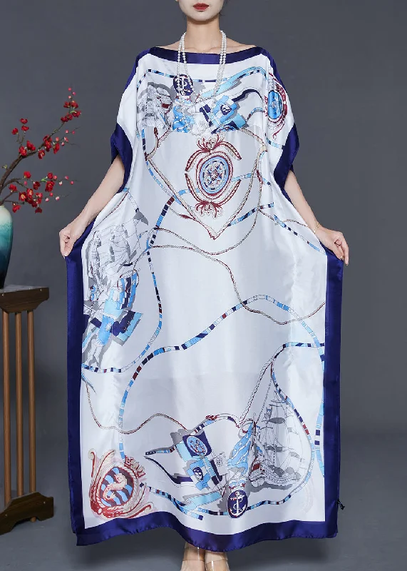Bohemian White Oversized Print Silk Maxi Dress Summer Trendy A-Line Maxi Dress