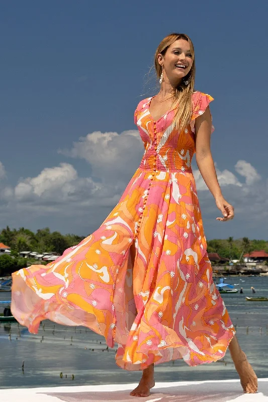Button Maxi Dress in Pink/Orange Cozy Knitted Maxi Dress