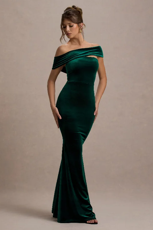 Candela | Bottle Green Velvet Asymmetric Bardot Maxi Dress Elegant Maxi Dress with Ruffles