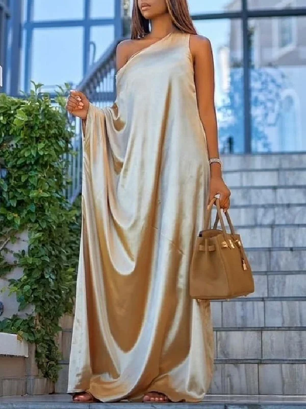 Zjkrl - Casual Loose Asymmetric Solid Color One-Shoulder Maxi Dresses Trendy Floral Print Maxi Dress