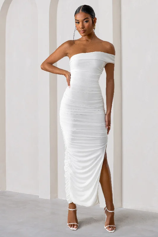 Celine | White Asymmetric One Shoulder Ruched Maxi Dress With Curved Cut Out Trendy Maxi Dress with Straps