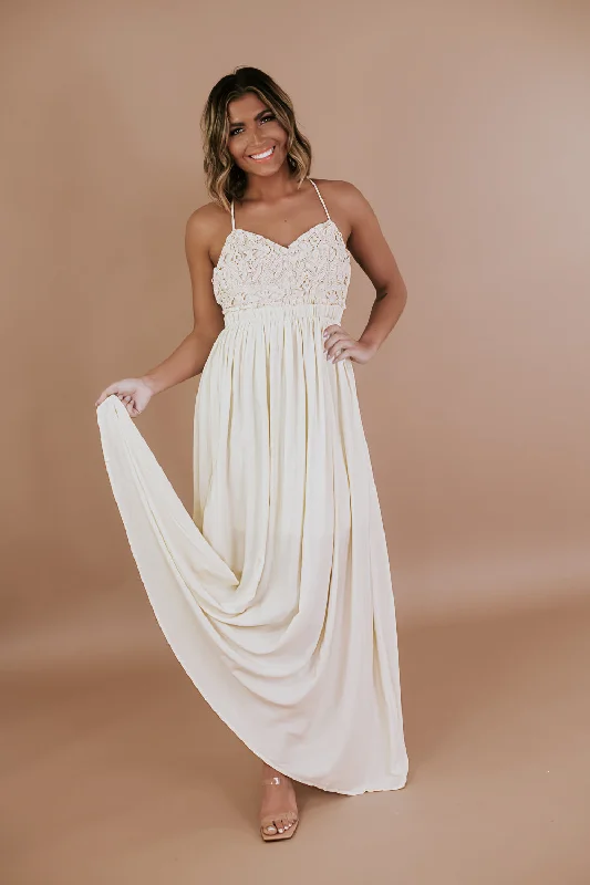 Crochet Lace Maxi Dress, Antique Champagne Stylish Pleated A-Line Maxi Dress