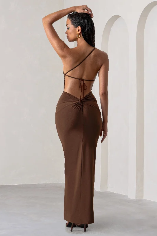 Dressing Up | Chocolate Brown One Shoulder Maxi Dress With Open Back Detail Fashionable High-Waist Maxi Dress Dressing Up | Chocolate Brown One Shoulder Maxi Dress With Open Back Detail Fashionable High-Waist Maxi Dress