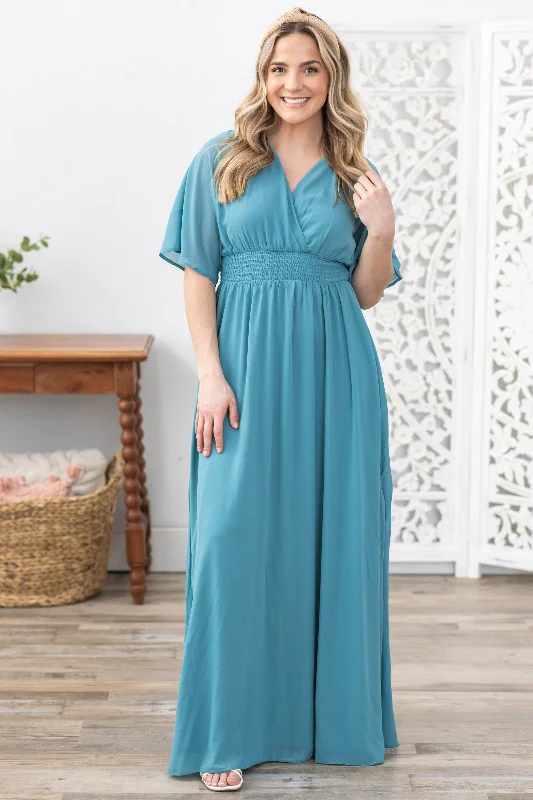 Dusty Teal Leg Slit Maxi Dress Classic Solid Maxi Dress