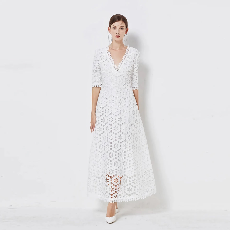Elegant V-Neck Lace Maxi Dress Chic Off-Shoulder Maxi Dress