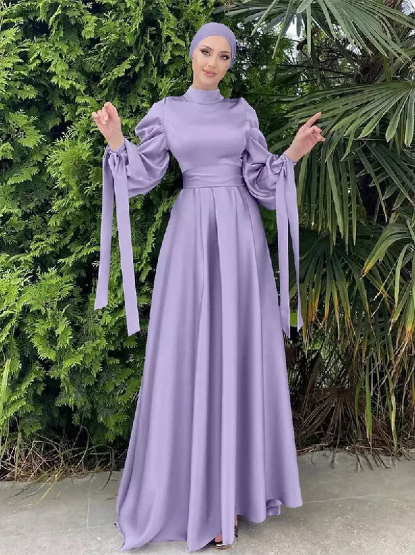Elegant Women Muslim Islamic Satin Grosgrain Solid Maxi Dress With Belt Cozy Maxi Dress with Slit Elegant Women Muslim Islamic Satin Grosgrain Solid Maxi Dress With Belt Cozy Maxi Dress with Slit
